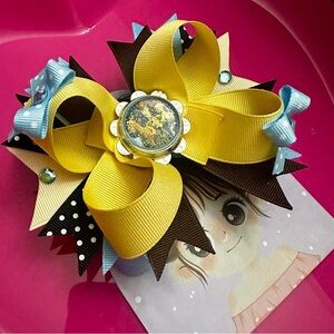 Yellow and Blue Hair Bow with Polka Dots